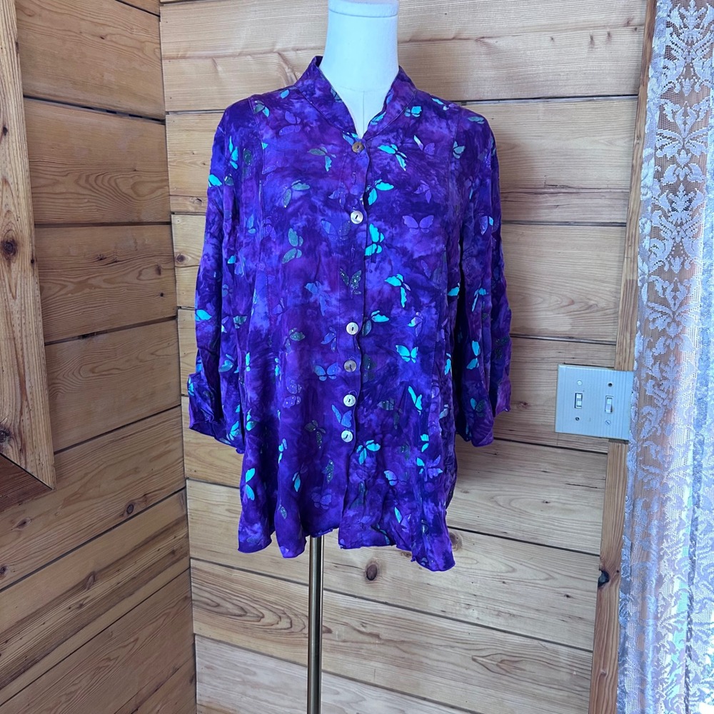 Vintage Batik Tie Dye Butterfly Blouse Womens Large Purple Whimsigoth MCM